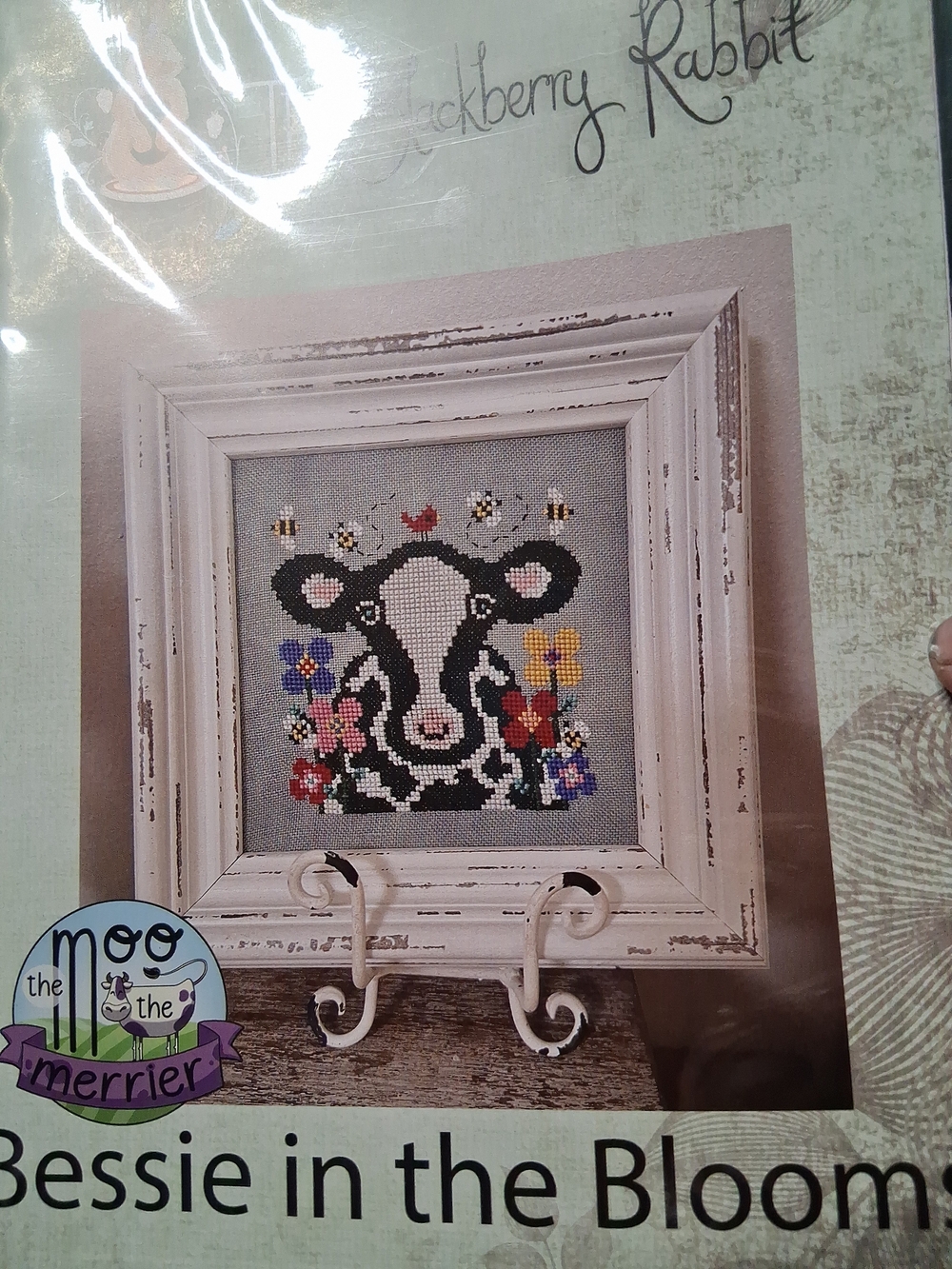 The Moo the Merrier Bessie in the Blooms Cross Stitch Pattern- Black & White